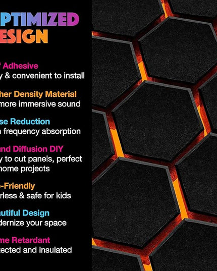 Sonic Acoustics Self-Adhesive 12 Pack Hexagon Acoustic Panels, 14" X 12" X 0.4" High Density Sound Absorbing Panels Sound Proof Insulation Beveled Edge Studio Treatment Tiles-Black