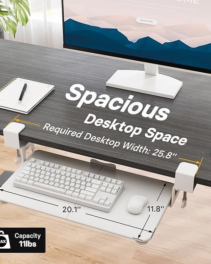 BONTEC KMT01-PJ Under Desk Keyboard Tray, Pull-Out Keyboard & Mouse Platform with C-Clamp, 20 x 11.8 in Space-Saving Ergonomic Slide-Out Drawer, White