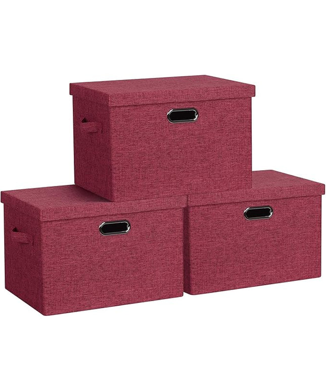 Large 17" 36 Quart Collapsible Stackable Storage Bins with Lids, 3 Packs Bright Red Linen Fabric Closet Boxes with Lids, Storage Cube Baskets Container Organizers for Office (17x12x11)