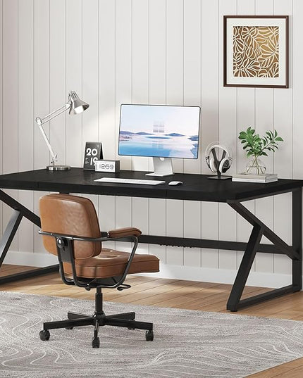 IBF Long Black Computer Desk, Large Executive Office Desk for 2 People Work Writing Study, 70 Inch Industrial Metal Wood Dual Monitor Desk Workstation, Modern Simple Double PC Gaming Table in Bedroom