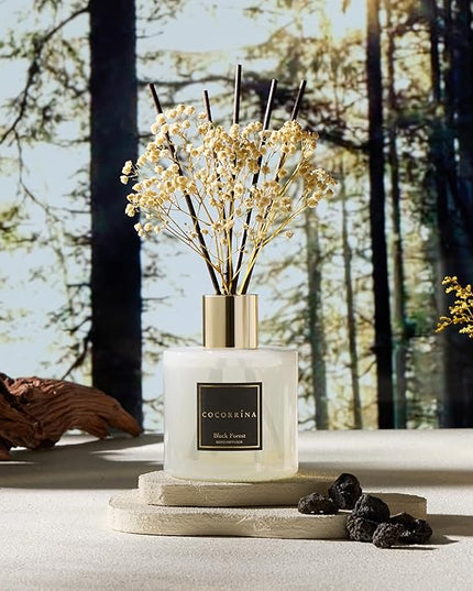 COCORRÍNA Reed Diffuser - Black Forest 17 Fl.oz Reed Diffuser with 8 Sticks Scented Diffuser with Preserved Flowers for Bathroom Home Decor