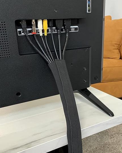 Hook and Loop Cable Sleeve by Wrap-It Storage - 120" x 4.5" Black - Cut to Size Cord Organizer and Cable Protector for Desk, TV Cord Management to Hide and Cover Wire and Extension Cords