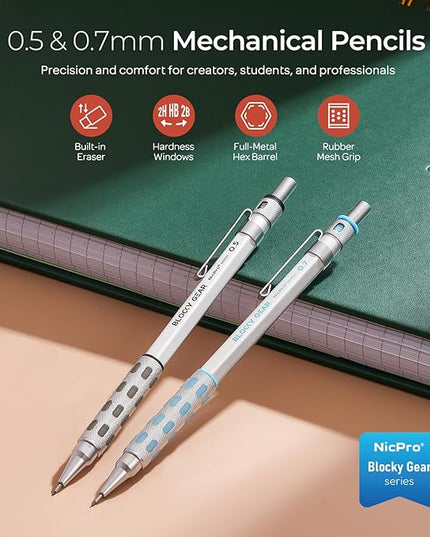 Nicpro Blocky Gear 0.5 mm & 0.7 mm Mechanical Pencils Set in Case, Metal Pencil with 6 Tube Lead Refills, Eraser, Eraser Refills for Professional & Adult Art Writing Drafting Drawing Sketching