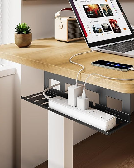 Under Desk Cable Management Tray, 15.7 Inches Metal Cord Organizer Rack, Desk Tray for Power Strip, Cord, Wire, Easy Mounting Cable Management Under Table for Home Office, Black