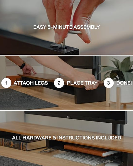 Solid Wood Dual Monitor Stand Riser – 43" Oak Desk Shelf for 2 Monitors with Tray & Wool Felt, Organizer for Desktop, Laptop and Office (Solid Oak)