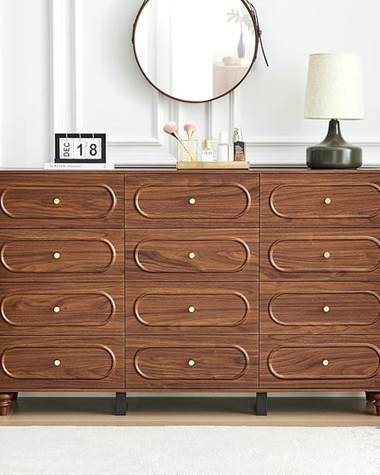 12 Drawer Fluted Dresser for Bedroom, Mid Century Modern Chest of Drawers, Wood Storage Small Dresser Organizer for Bedroom Living Room Hallway Closet, Walnut