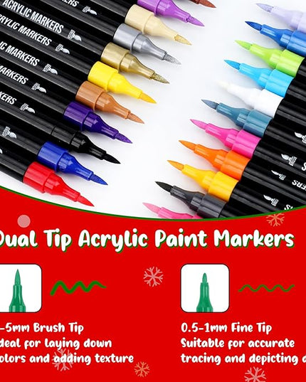 24 Colors Acrylic Paint Markers, Dual Tip with Fine Tip and Brush Tip Pens for Stone, Wood, Calligraphy, Canvas, Ceramic, Metal, Glass, Rock Painting, DIY Crafts