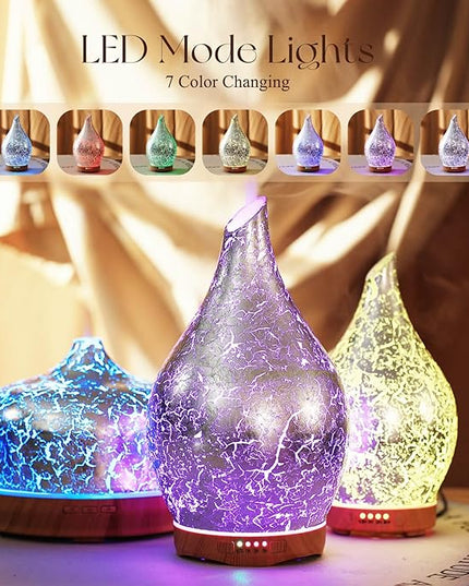 Porseme 280ml Essential Oil Diffuser, 3D Glass Aromatherapy Diffusor, Ultrasonic Cool Mist BPA Free Aroma Humidifier with Timer and Color Changing Function, Waterless Shut-Off for Home Office Room