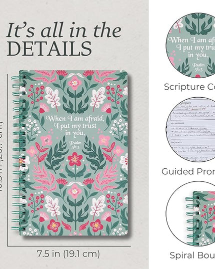 Steel Mill & Co Cute Floral Spiral Notebook Journal for Notes, 10.5" x 7.5" Sermon Notes and Church Notes Journal for Women with Durable Hardcover and 60 Lined Pages with Prompts (Put My Trust in You)