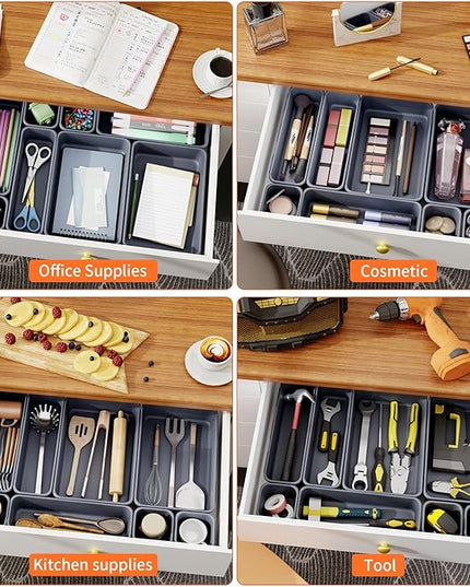 45 Pack Desk Drawer Organizer Tray, 3 Sizes Plastic Drawers Organizer Storage for Kitchen, Bathroom, Office, Vanity, Makeup, Utensils, Junk Drawer Organizer Bins, Gadget Trays for Organizing, Grey