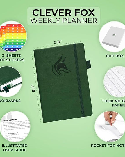 Clever Fox Planner – Undated Weekly & Monthly Planner for Productivity, Time Management & Goals – Organizer Journal – A5 (Dark Green)