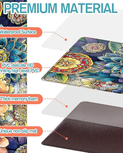 Dunzy 3 Pcs Anti Fatigue Boho Floral Rugs Mats for Kitchen Floor Non Slip Cushioned Waterproof Standing Runner Anti Fatigue Memory Foam Padded Rug for Sink Laundry Home, 17 x29 17 x47, 17 x59