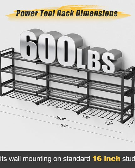 49.4'' Large Power Tool Organizer Wall Mount, 4-Tier Tool Storage Rack with 12 Drill Holders, 600LBS Load Heavy Duty Cordless Tool Shelf for Garage Organization, Gift for Men