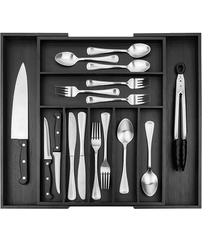 Purawood Bamboo Drawer Organizer - Expandable Silverware Organizer & Utensil Organizer, Cutlery Tray with Dividers, 7-9 Slots - Premium Kitchen Drawer Organizer for Utensils & Flatware (Black)