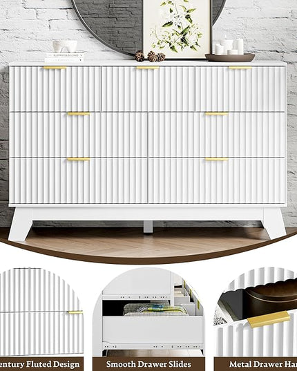HUANLEGO Fluted Dresser for Bedroom with 7 Drawer, Mid Century Modern Chest of Drawers, 48" Wide Natural Wood Dresser for Closet, Wooden Boho Chest Closet Storage TV Stand for Bedroom, White