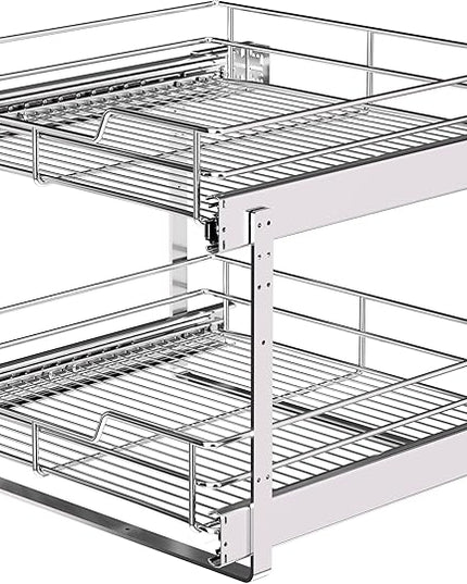 JOWBOOW 2-Tier Pull Out Cabinet Organizer (17" W x 22" D), Pull Out Shelves and Drawer for Kitchen Pantry Storage Basket, Heavy-Duty Metal Sliding Shelf, Chrome Finish