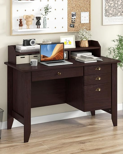 Tangkula Computer Desk with 4 Storage Drawers & Hutch, Home Office Desk Vintage Desk with Storage Shelves, Wooden Executive Desk Writing Study Desk (Brown)