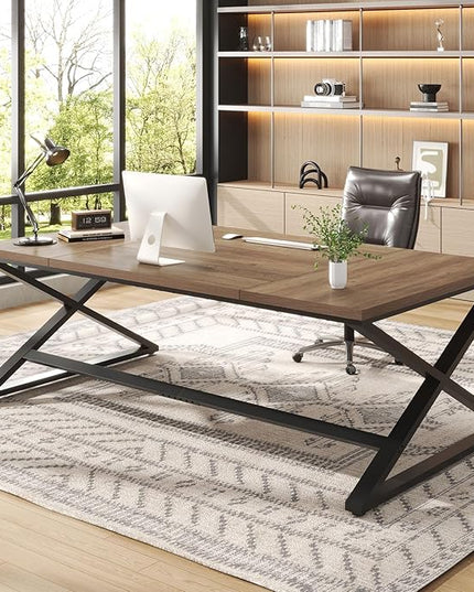 IBF Large Computer Desk, 78.7” Extra Long Home Office Desk, Wood Metal Work Desk for Study Writing, Farmhouse Simple Wide Double PC Gaming Computer Table Executive Workstation in Bedroom, Rustic Oak