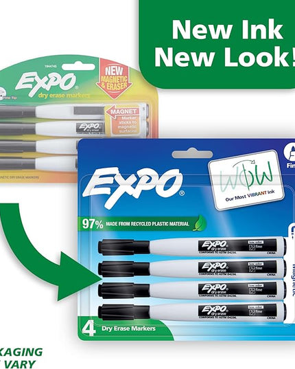 Expo Magnetic Dry Erase Markers with Eraser Fine Tip Black 4 Count