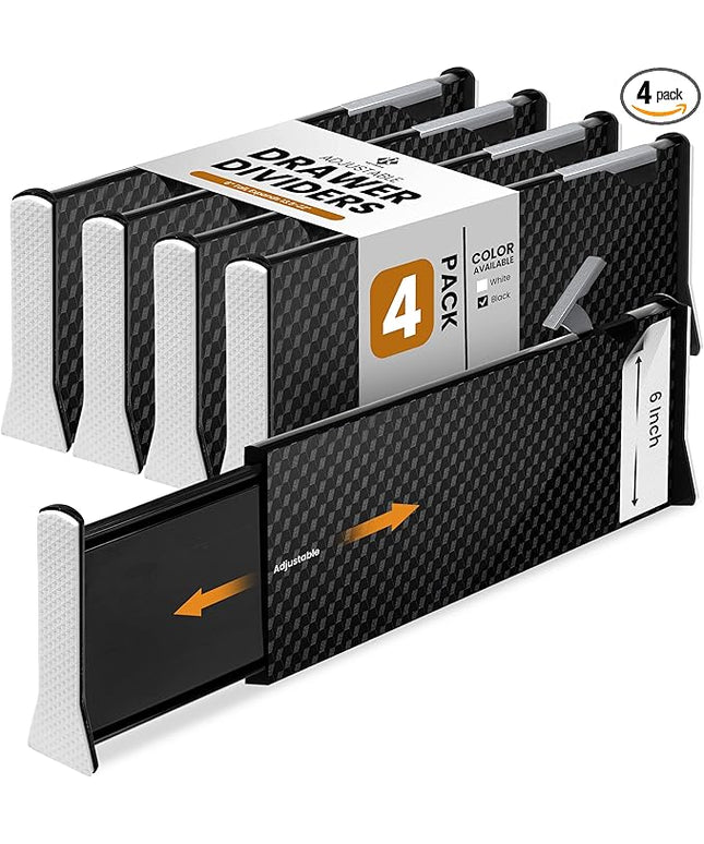 RAPTUROUS Adjustable Drawer Dividers, 6" Tall, Expandable 13-22", 4-Pack, Non-Slip for Deep Drawers in Kitchen, Bedroom, Office, and Nursery (Black)