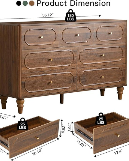 ORRD Fluted 7 Drawer Dresser for Bedroom, Modern Mid Century Chest of Drawers, Wood Storage Large Dresser Organizer for Bedroom Living Room Closet Hallway, Walnut