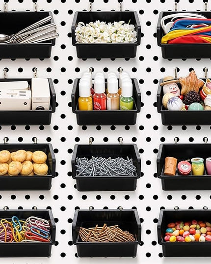 20 Pack Pegboard Bins With Metal Hooks, Black Pegboard Storage Bins, Pegboard Containers For Peg Board Organizing Accessories, Peg Board Organizer Bins For Garage, Workshop, Craft Room, Tool Shed
