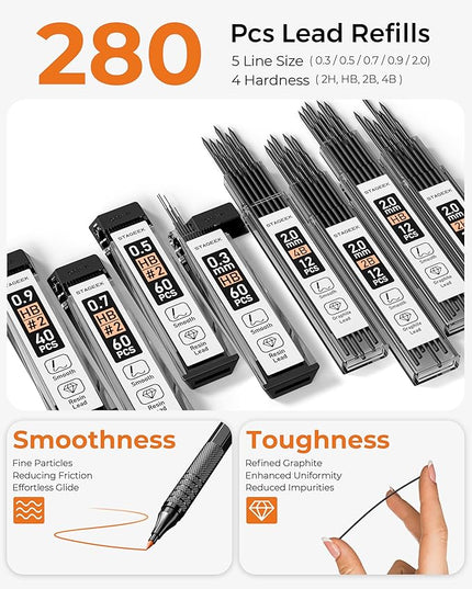 STAGEEK Metal Mechanical Pencil Set in Leather Case, 5PCS Art Drafting Pencil 0.3, 0.5, 0.7, 0.9 & 2mm Lead Holder, 9 Tube (4B 2B HB 2H Colors) Lead Refills for Drawing, Sketching, Writing (Black)