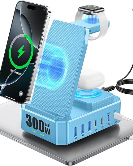 300W Charging Station for Multiple Devices Apple, Zutspzss 10 in 1 Wireless Charger for iPhone 16, GaN III USB C 65W PD Fast Charging Stand Dock for Apple Watch&Airpods,Blue