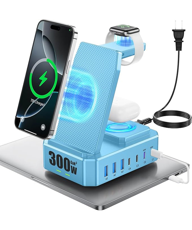 300W Charging Station for Multiple Devices Apple, Zutspzss 10 in 1 Wireless Charger for iPhone 16, GaN III USB C 65W PD Fast Charging Stand Dock for Apple Watch&Airpods,Blue