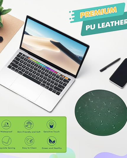Mouse Pad，Round Mouse Pad，PU Mouse Pad，Leather Mouse Pad with Stitched Edge Micro-Fiber Base with Non-Slip Waterproof，Mouse Pad for Computers，Laptop，9 x 9 Inch (Army Green)