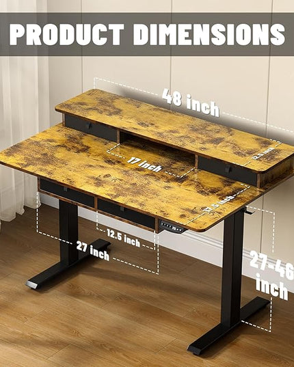 48 * 30 Inches Electric Standing Widened Desk Adjustable Height with 4 Drawers, Double Storage Shelves Stand Up Desk, Home Office Workstation Sit Stand up Desk (Rustic Brown)