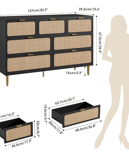 Garvee Rattan Dresser with 7 Drawers, Tall Modern Closet with Deep Storage, Large Chest of Drawers with Wide Top, Long Wooden Dresser for Bedroom, Living Room, Hallway, Kids Room, Black