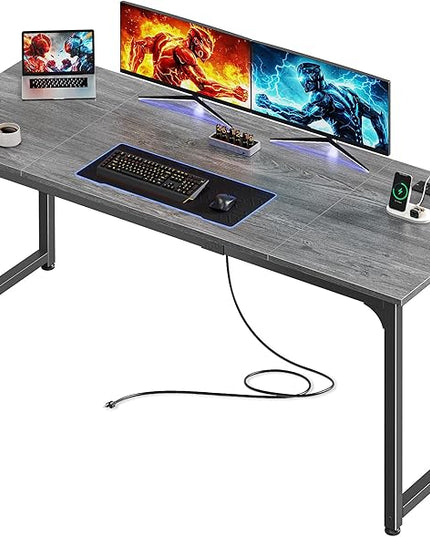 PRAISUN 63 X 24 Inch Office Computer Desk with Power Outlets and USB-C Port, Larger and Longer Gaming Desk, for Home Office, Study, Writing Work from Home Table, Metal Frame, Grey