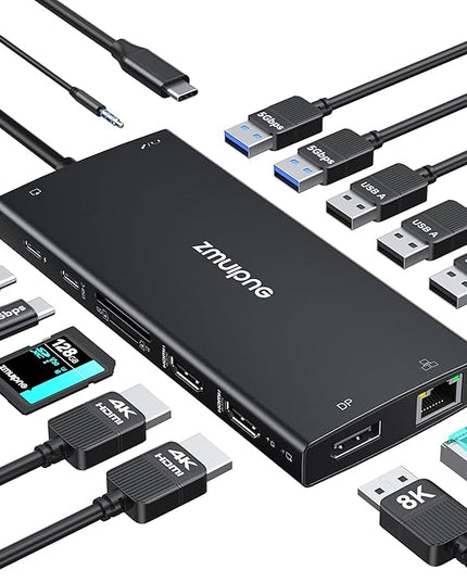 USB C Hub USB C Docking Station Dual Monitor 4K@60Hz+DP 8K@30Hz for Dell HP, Laptop Docking Station 3 Monitors 15 in 1 USBC Dongle Multiport Adapter with USB A Port+Button+PD+Ethernet+SD/TF+Audio