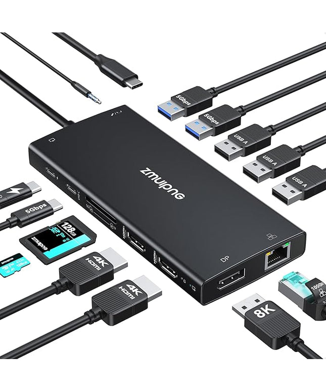 USB C Hub USB C Docking Station Dual Monitor 4K@60Hz+DP 8K@30Hz for Dell HP, Laptop Docking Station 3 Monitors 15 in 1 USBC Dongle Multiport Adapter with USB A Port+Button+PD+Ethernet+SD/TF+Audio