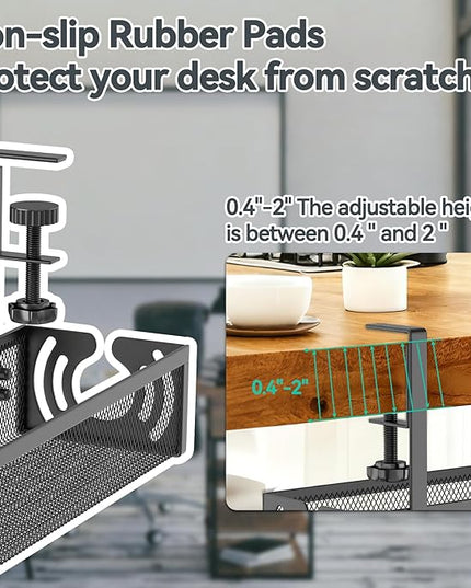 Cable Management, 15'' Under Desk Cable Management Tray No Drill, Metal Cable Organizer with Clamp for Wire Management, Cord Organizer for Home Office, Desk Accessories Organizer, Black