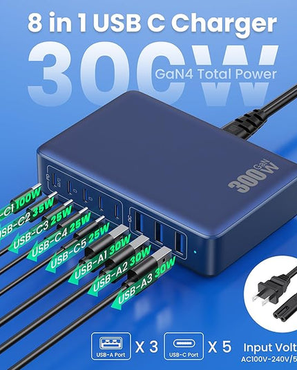 USB C Charger 300W USB C Charger Block 8-Ports GaN IV Fast Charging Station,PD 100W Laptop Charging Hub Wall Charge Adapter Compatible with MacBook/Air,DELL,Steam Desk,iPhone 16/15/14,Galaxy