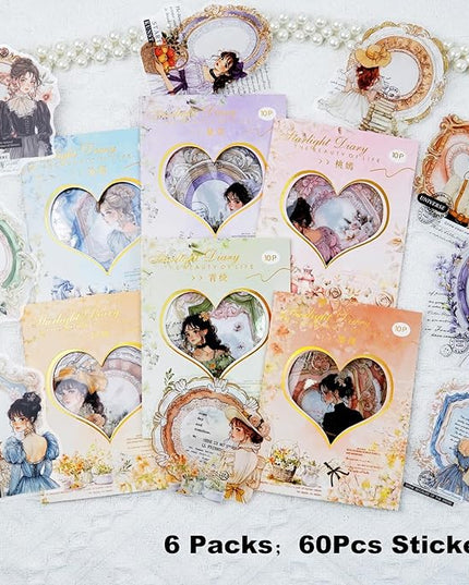 AuriicLeaf French Vintage Girl PET Sticker Set, 60PCS Scrapbook Supplies for Journaling, Planners, DIY Crafts and Gifts