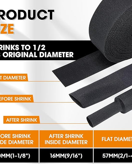 SUNNAREPOON Black 2:1 Ratio Automotive Heat Shrink Braided Sleeving,Wear-Resistant Flat Woven Shrinkable Sleeve Fabric Car Cable Wires Hoses Protection (1-1/8"-66ft)
