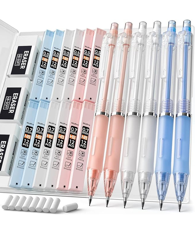 Nicpro 23PCS Pastel Mechanical Pencil 0.5 & 0.7 mm with Case for School, with 12 tubes HB Lead Refills, 3 Erasers, 9 Eraser Refills For Student Writing, Drawing, Sketching, Blue & Pink & White Colors