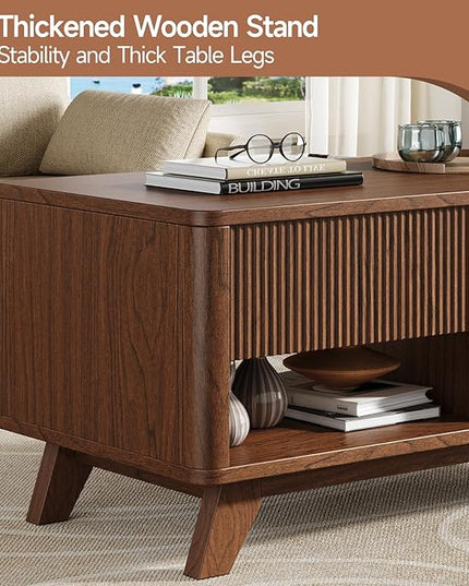 ONBRILL Farmhouse Lift Top Coffee Table, Mid Century Modern Coffee Table with Hidden Storage Compartment, Fluted Rising Pull up Wood Modern Center for Living Room, Office, Walnut