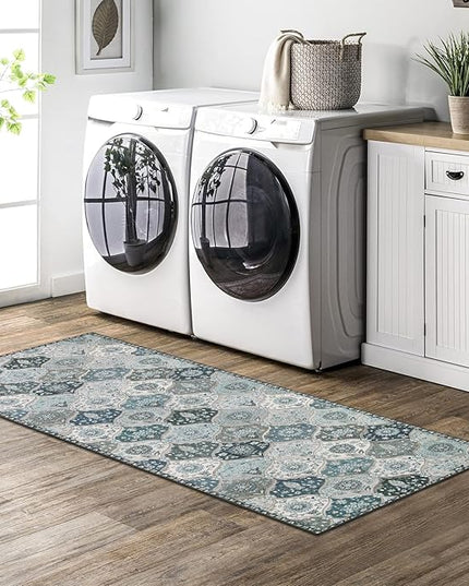 Lahome Moroccan Trellis Kitchen Runner Rug, 2x5 Washable Runners for Hallways Non Slip, Rubber Backing Ultra-Thin Vintage Carpet for Entryway Bedroom Bathroom, Blue