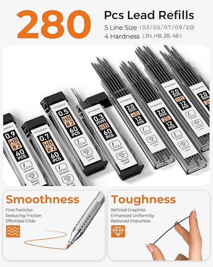 STAGEEK Metal Mechanical Pencil Set in Leather Case, 5PCS Art Drafting Pencil 0.3, 0.5, 0.7, 0.9 & 2mm Lead Holder, 9 Tube (4B 2B HB 2H Colors) Lead Refills for Drawing, Sketching, Writing (Silver)