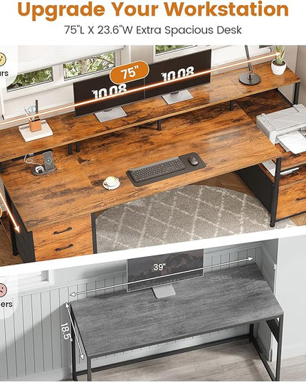 SEDETA Home Office Desk with File Drawer & Power Outlet, 75'' Large Computer Desk with 5 Drawer, Storage Shelves, Monitor Shelf and Led Lights, 23.6" W Desktop Gaming Desk, Rustic Brown