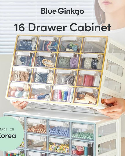 Blue Ginkgo Medium 16-Drawer Cabinet – Stackable Clear Organizer for Hardware, Beads, Plastic Bricks, Office, and Craft Storage (Made in Korea, Yellow)
