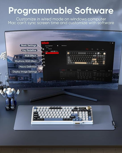 RedThunder K95 Wireless Mechanical Keyboard, TFT Screen & Knob, Tri-Mode BT5.0/2.4GHz/USB-C Hot Swappable Custom, Pre-lubed Linear Switches, Gasket Structure, RGB Gaming Keyboard, Snowy White-Blue