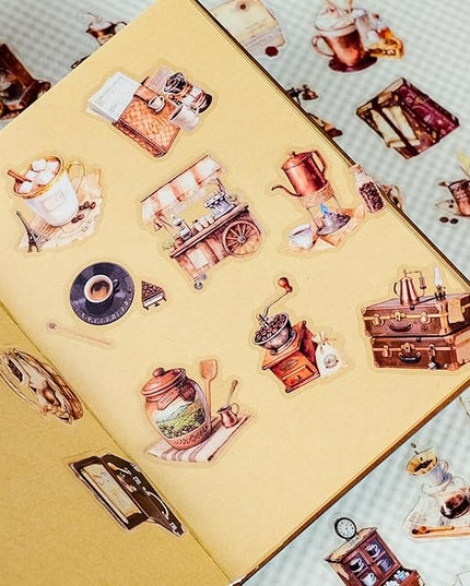 50Pcs Vintage Coffee Stickers for Scrapbooking, Journal, Photo Album, Kindle, Laptop, Refrigerators, Suitcase, Waterproof PET Transparent Aesthetic Decals