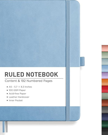 RETTACY Lined Journal Notebook, 192 Numbered Pages, A5 Medium Size (5.7'' x 8.3''), for Men & Women, Journaling, Writing, Work & Office, Leather Hardcover, 100 GSM Thick Paper (Light Blue)