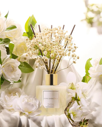 COCORRÍNA Reed Diffuser - Gardenia 6.7 Fl.oz Reed Diffuser Set with Sticks & Preserved Baby's Breath, Reed Diffuser for Home Bathroom Shelf Decor