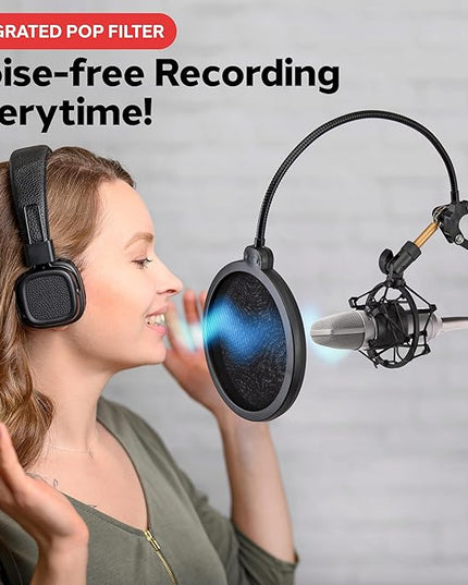 Pyle Microphone Boom Suspension Stand - Scissor Arm Mic Mount w/Shock Mount, Integrated Pop Filter, 3.1' ft. Max Extension, Suitable for Podcast Recording, Broadcasting, Streaming, Stage & Studio Use